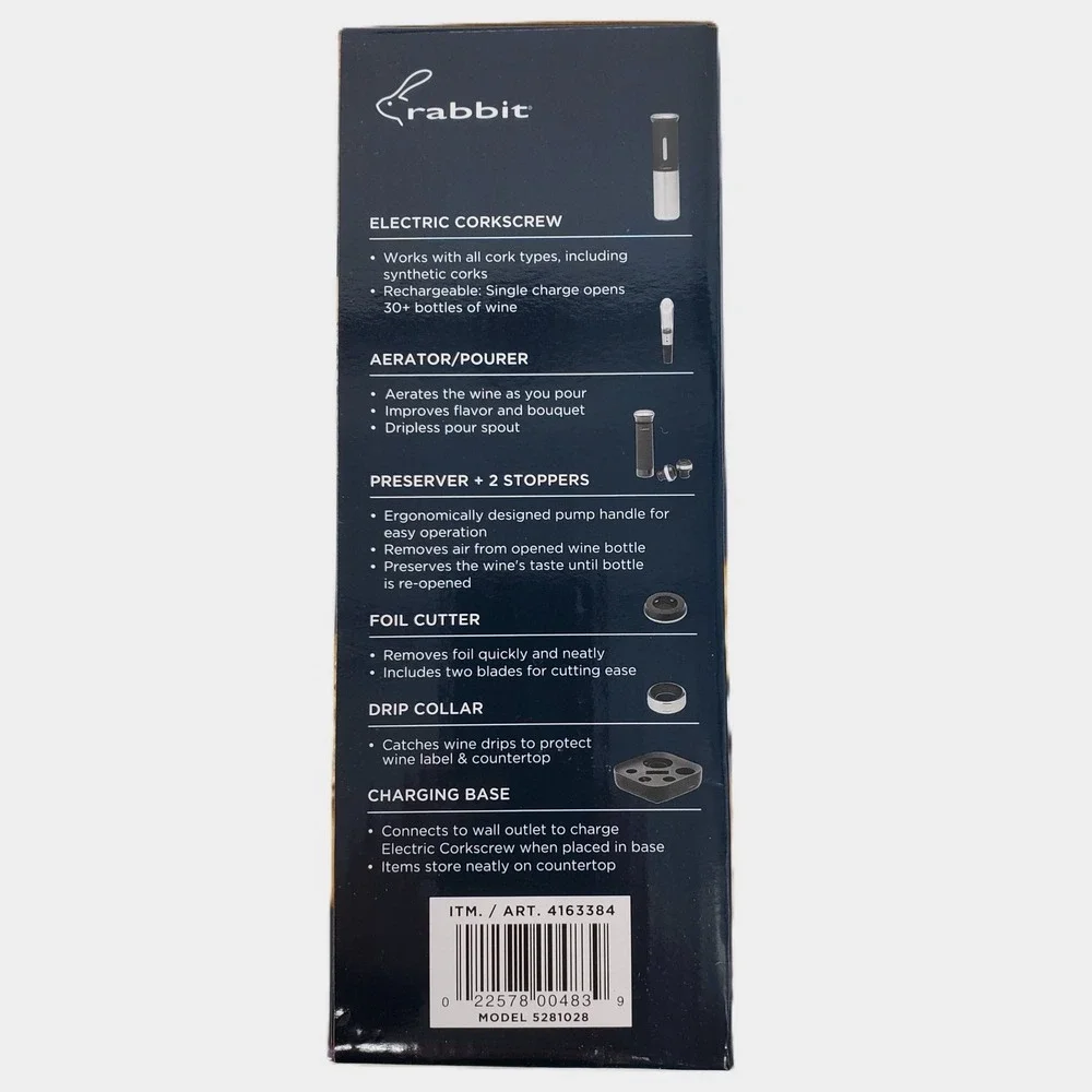 Rabbit 8 Piece Electric Wine Set Black Silver 5281028 Rechargeable Corkscrew New